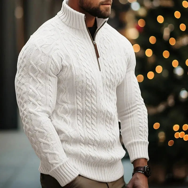 Men Tailored Fit Half Zip Pattern Christmas Sweater
