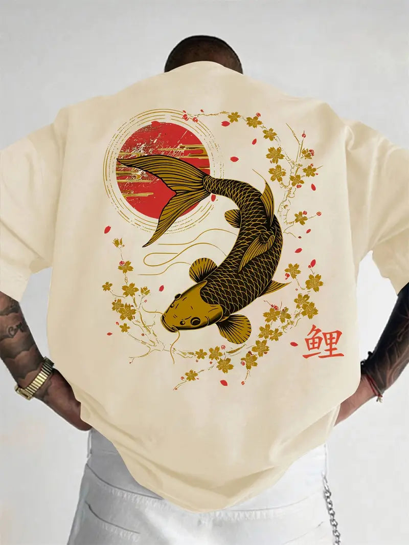 Men's Everyday Koi & Cherry Blossom T-Shirt - Loose Fit Summer Top with Glossy Finish