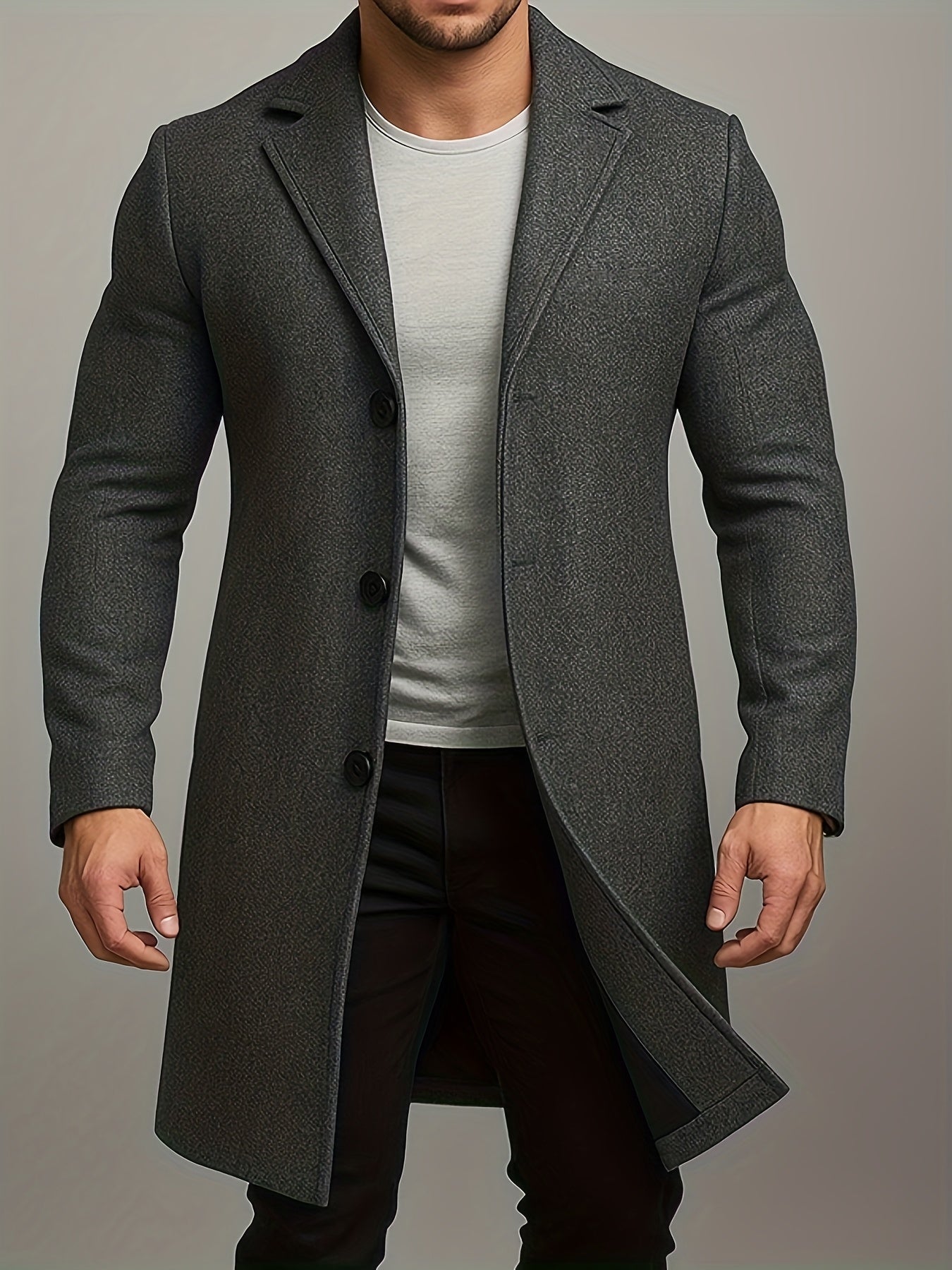 Men's Mid-Length Single-Breasted Tweed Overcoat Solid Color Trench Edition