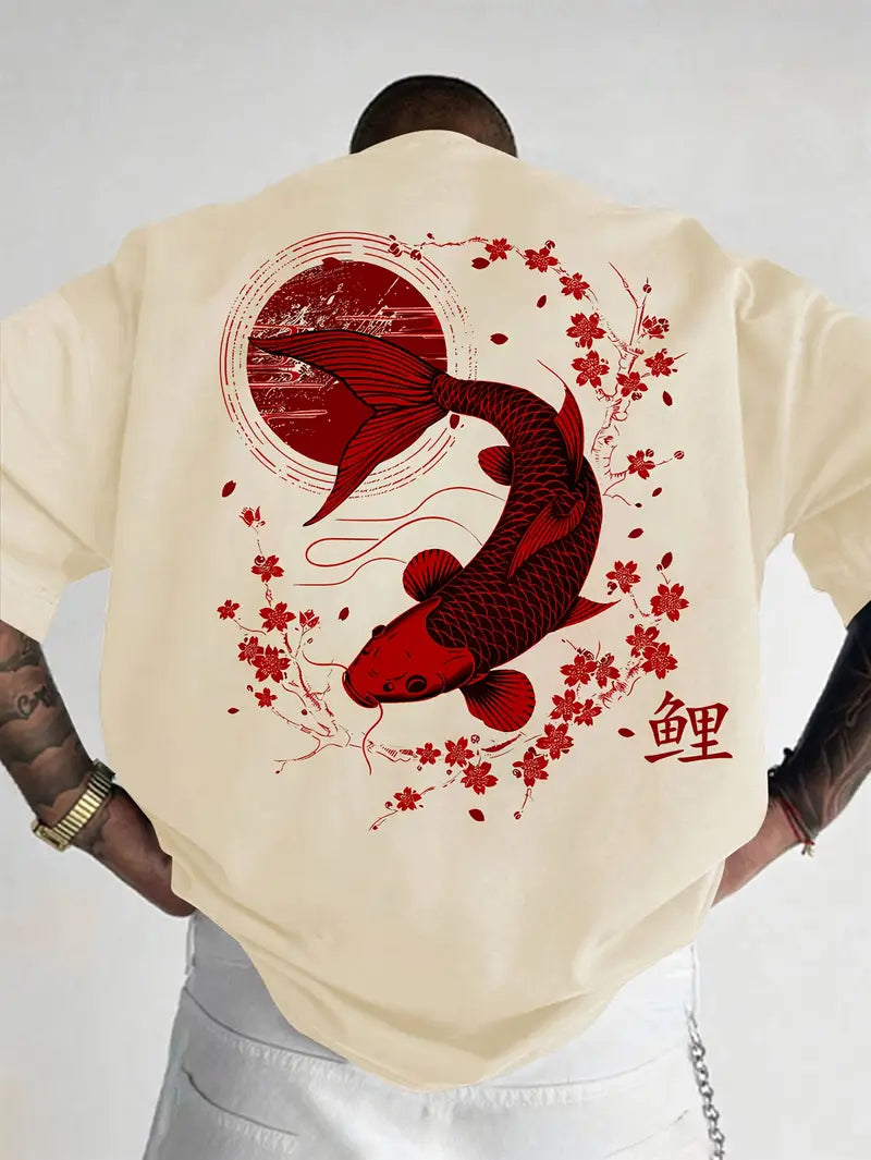 Men's Everyday Koi & Cherry Blossom T-Shirt - Loose Fit Summer Top with Glossy Finish