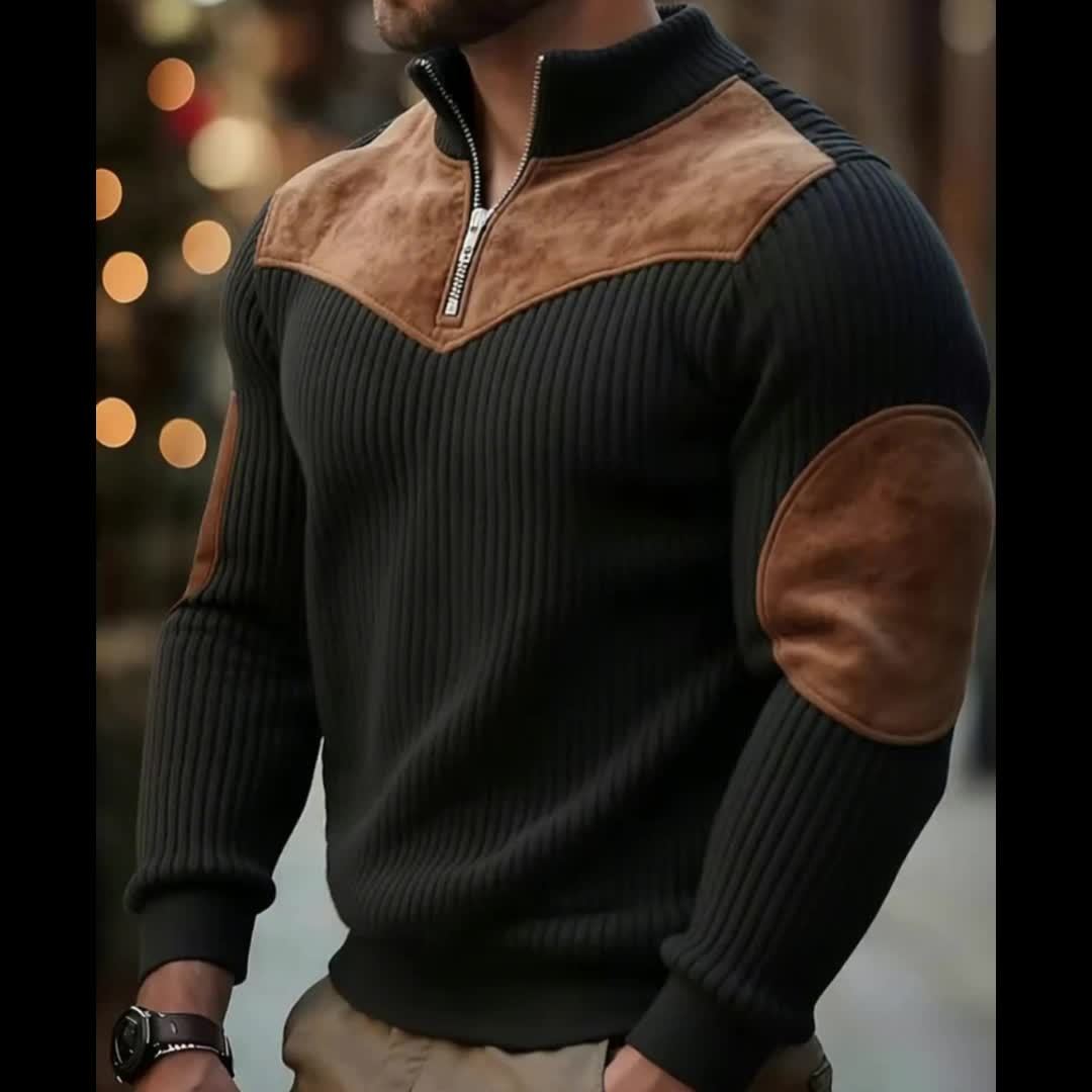 Half-Zip Retro Pullover Sweater for Men - Ribbed Patchwork Edition