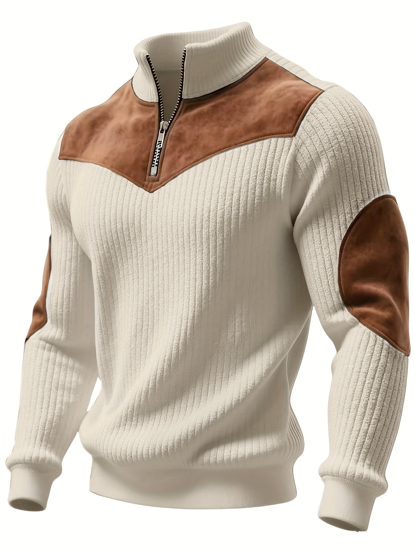 Half-Zip Retro Pullover Sweater for Men - Ribbed Patchwork Edition