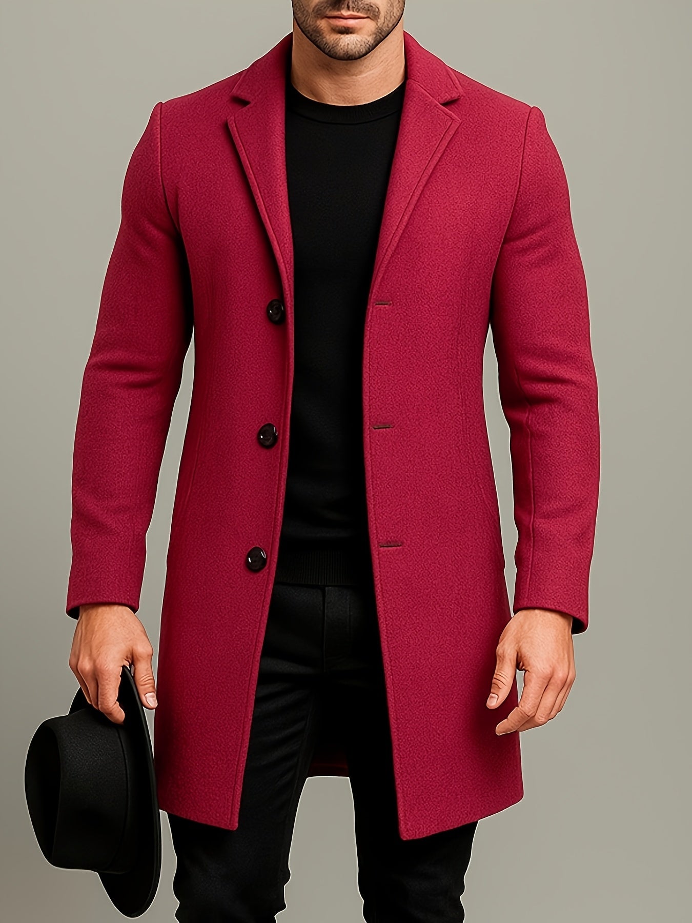 Men's Mid-Length Single-Breasted Tweed Overcoat Solid Color Trench Edition