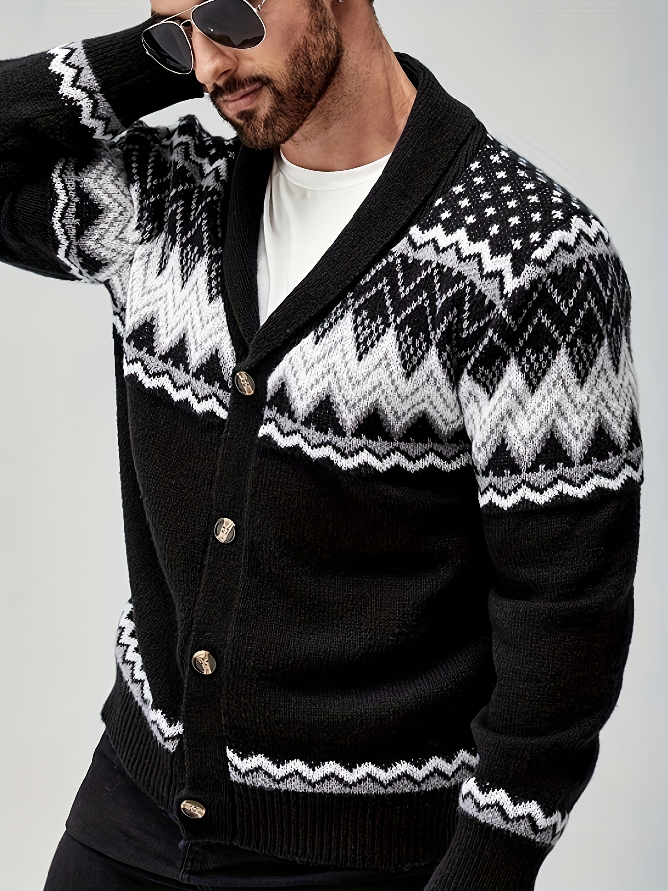 Men's Geometric Pattern Cardigan - Button-Up Knit Sweater for Fall & Edition