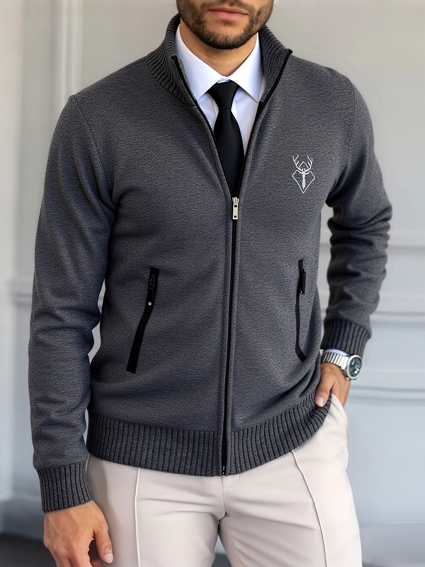 Men Lightweight Zip-Up Cardigan - Stand Collar Sweater Edition