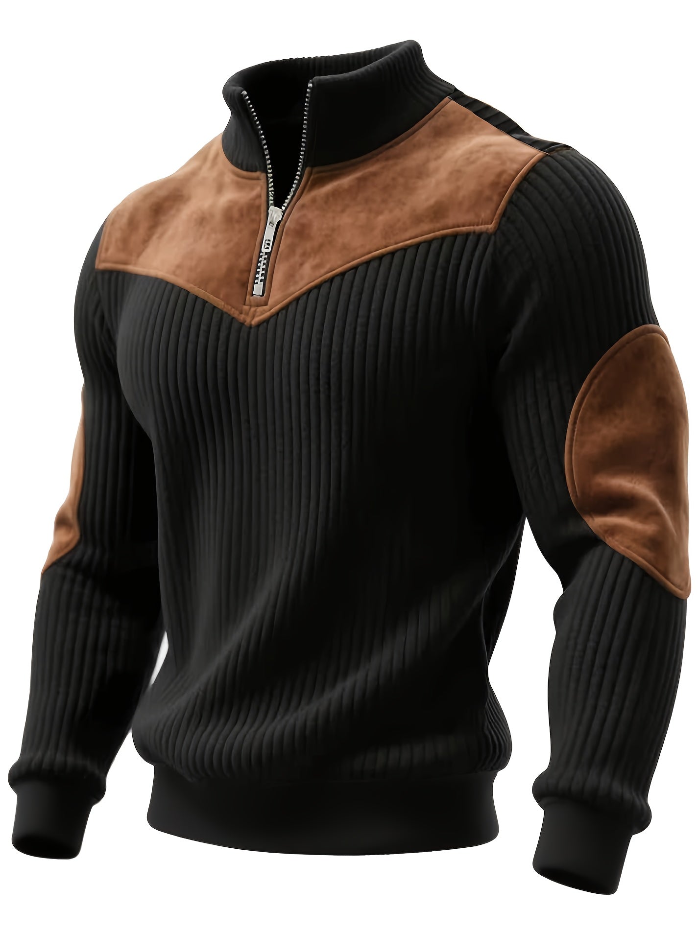 Half-Zip Retro Pullover Sweater for Men - Ribbed Patchwork Edition