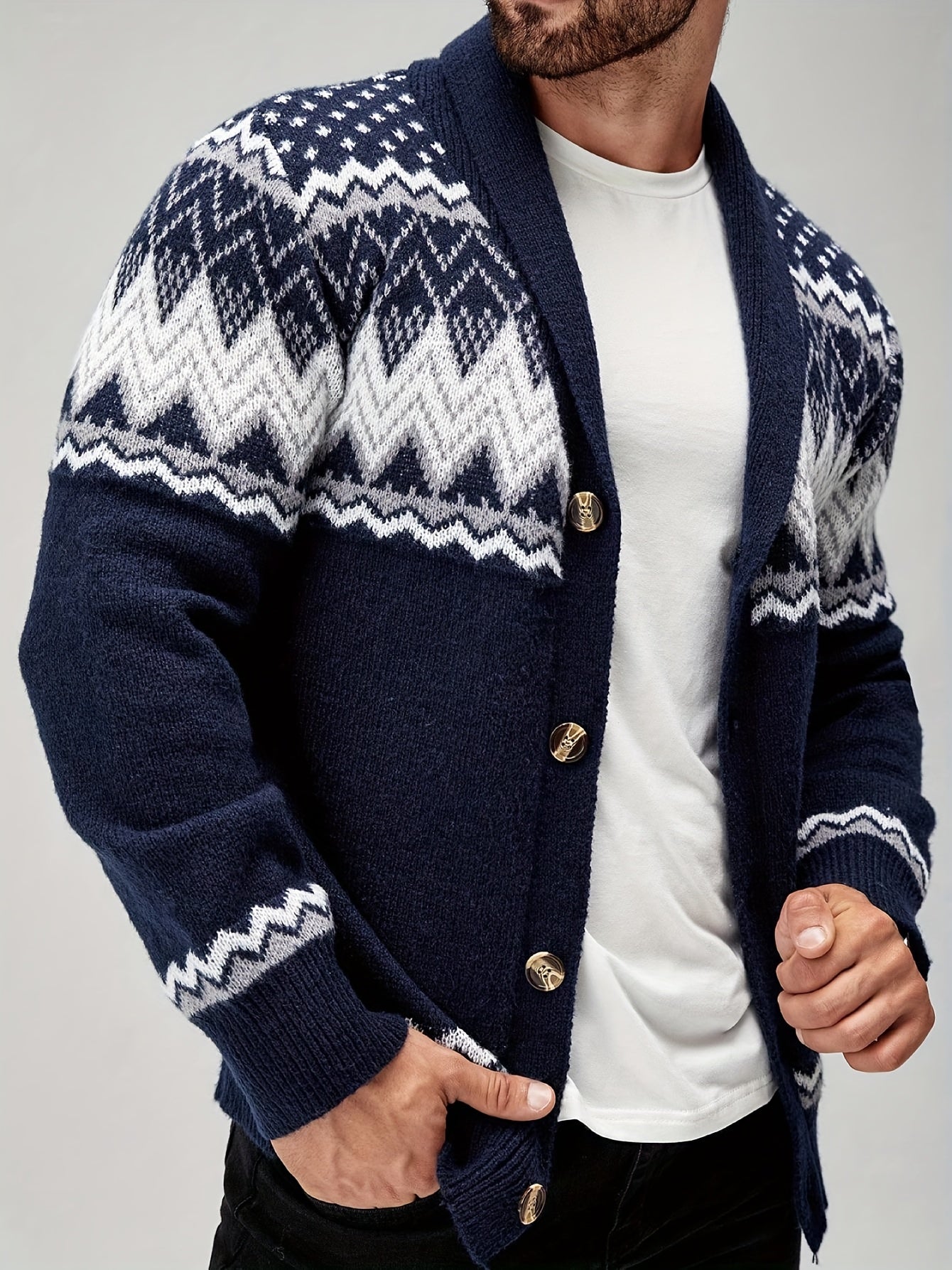 Men's Geometric Pattern Cardigan - Button-Up Knit Sweater for Fall & Edition