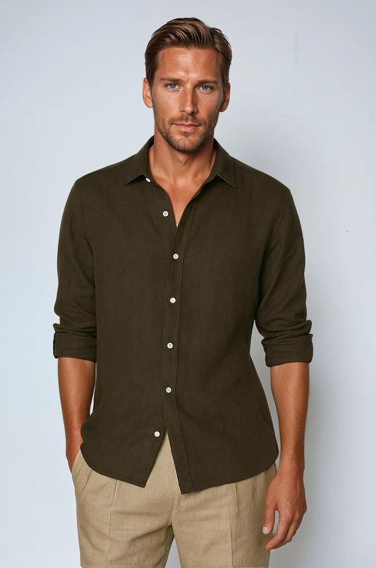 Signature Men Lightweight Linen Shirt - Deep Brown