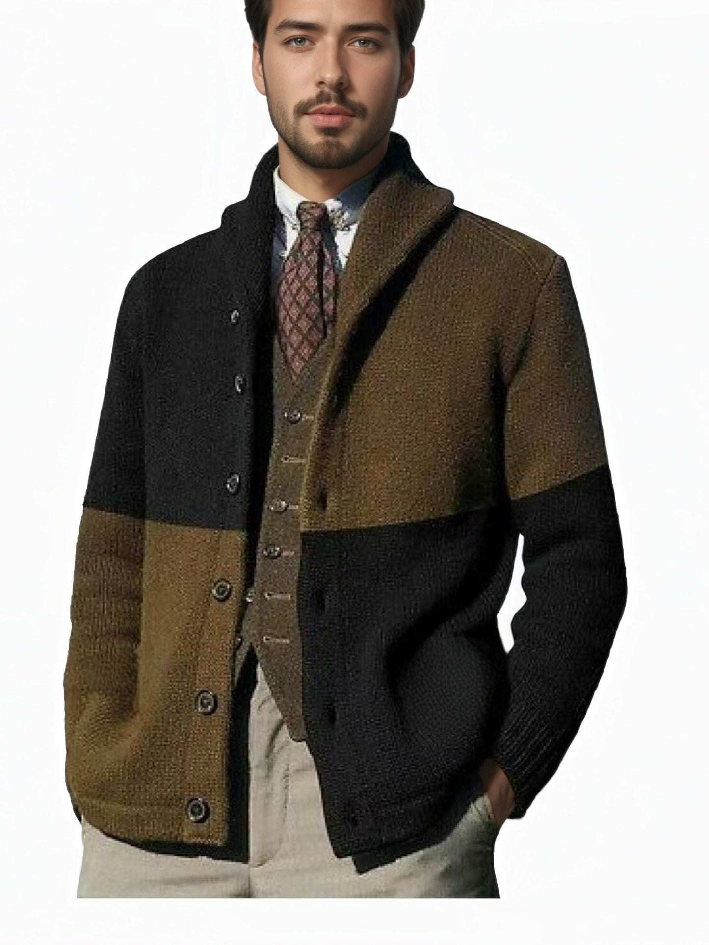 Men's Thick Warm Cardigan - Block Knit Button-Up Edition