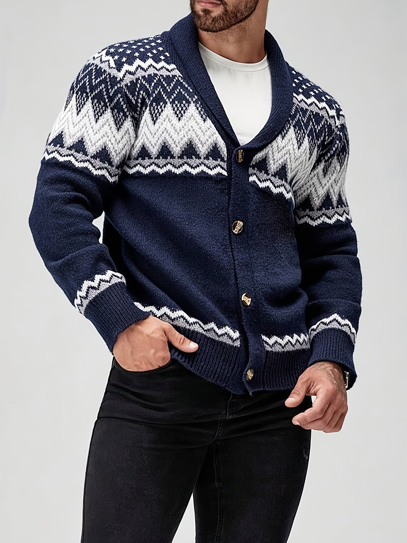 Men's Geometric Pattern Cardigan - Button-Up Knit Sweater for Fall & Edition