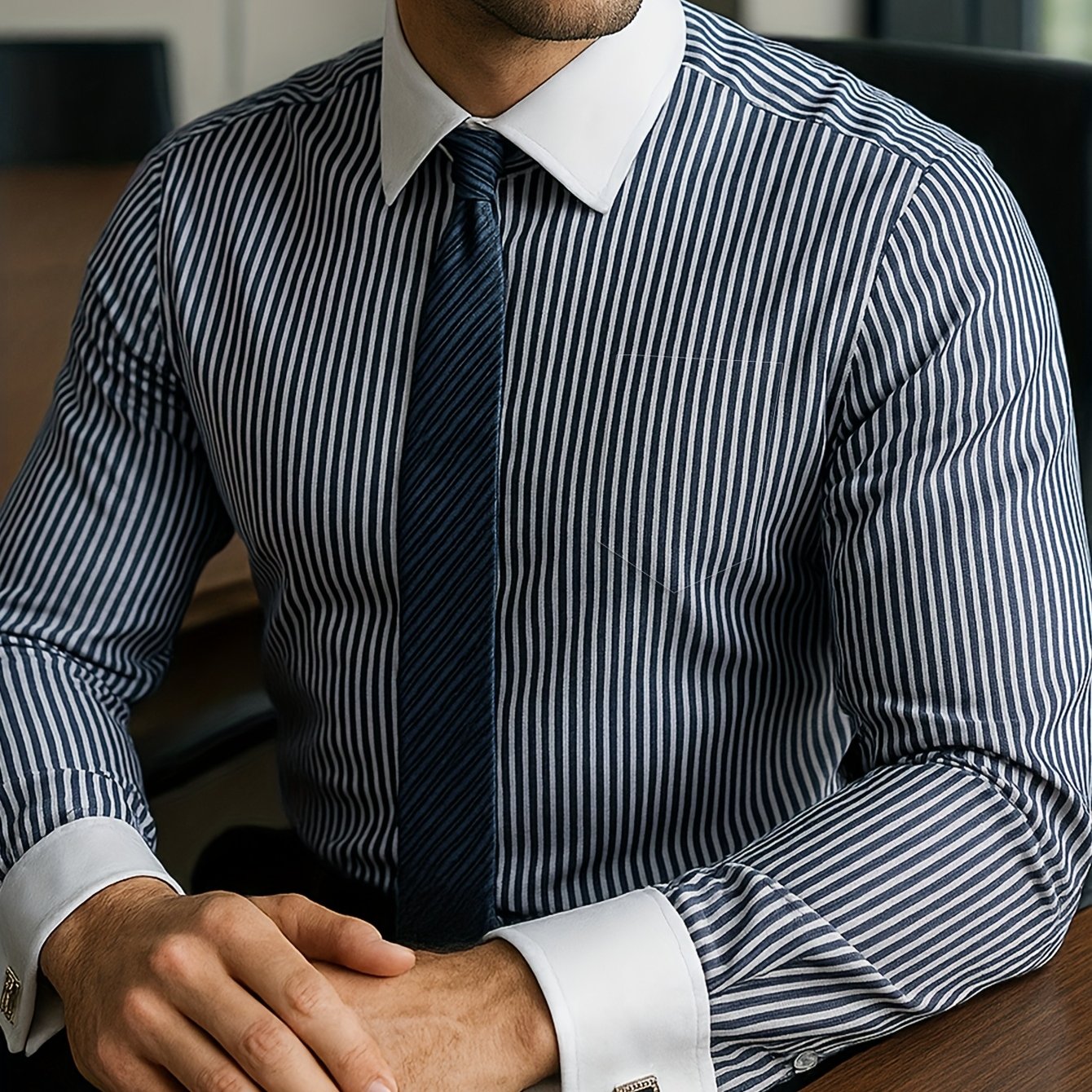 Men's French Cuff Dress Striped Shirt Blouse | Double Cuff Elevated Business Shirt