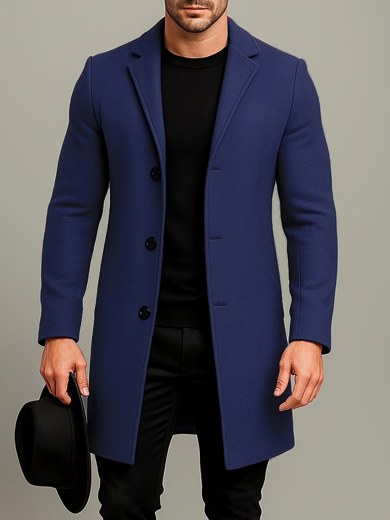 Men's Mid-Length Single-Breasted Tweed Overcoat Solid Color Trench Edition