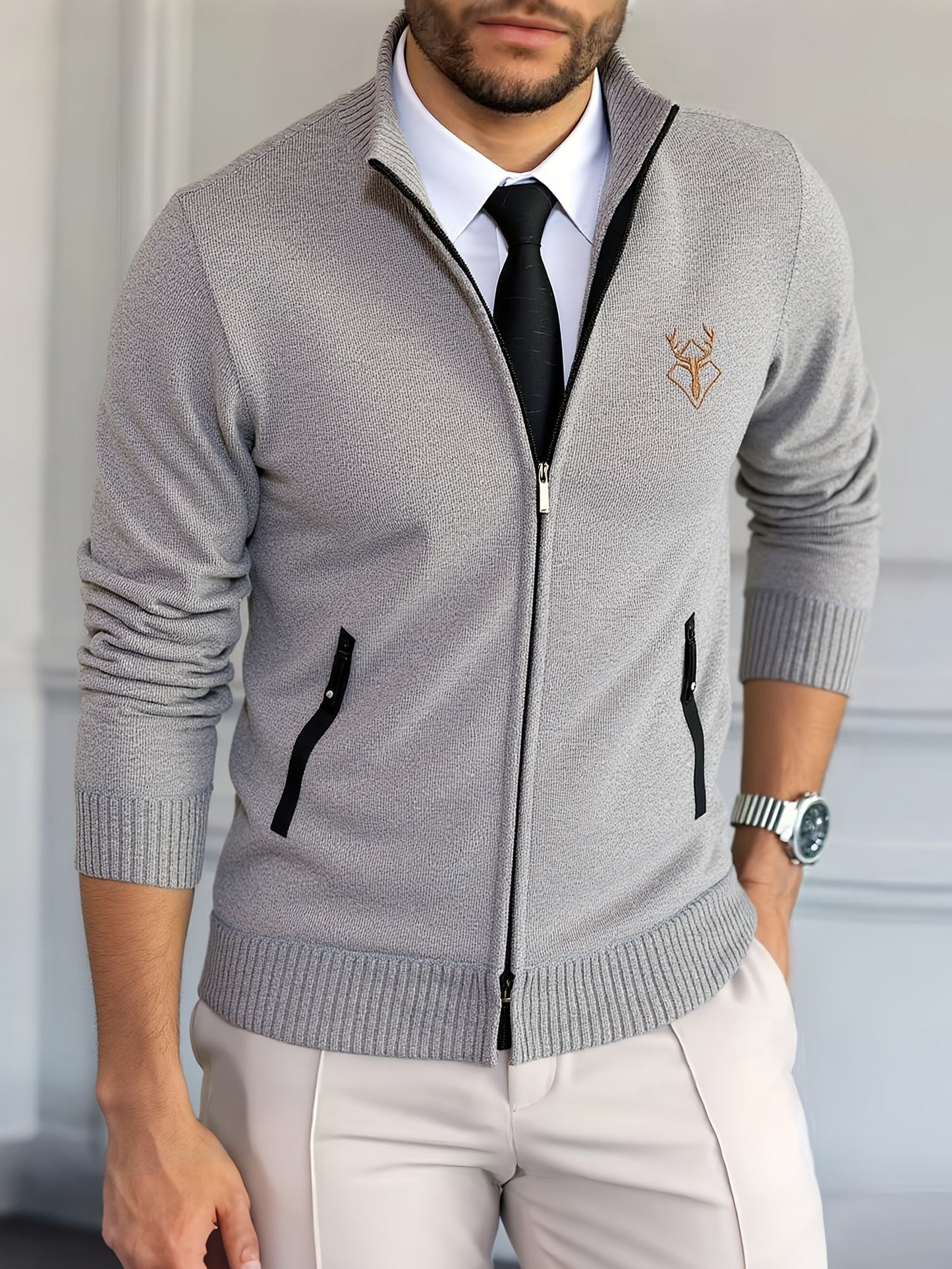 Men Lightweight Zip-Up Cardigan - Stand Collar Sweater Edition