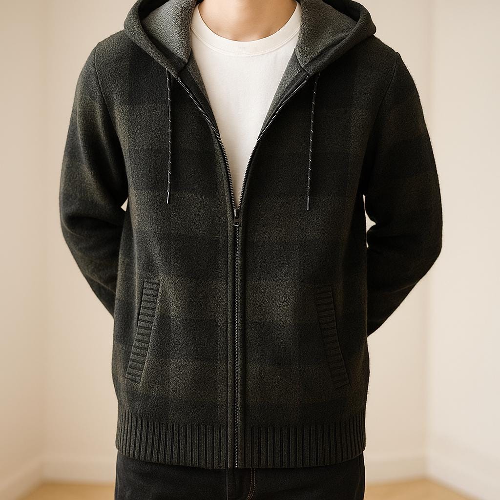 Men's Zip-Up Block Pattern Hooded Jacket - Check Pattern Edition