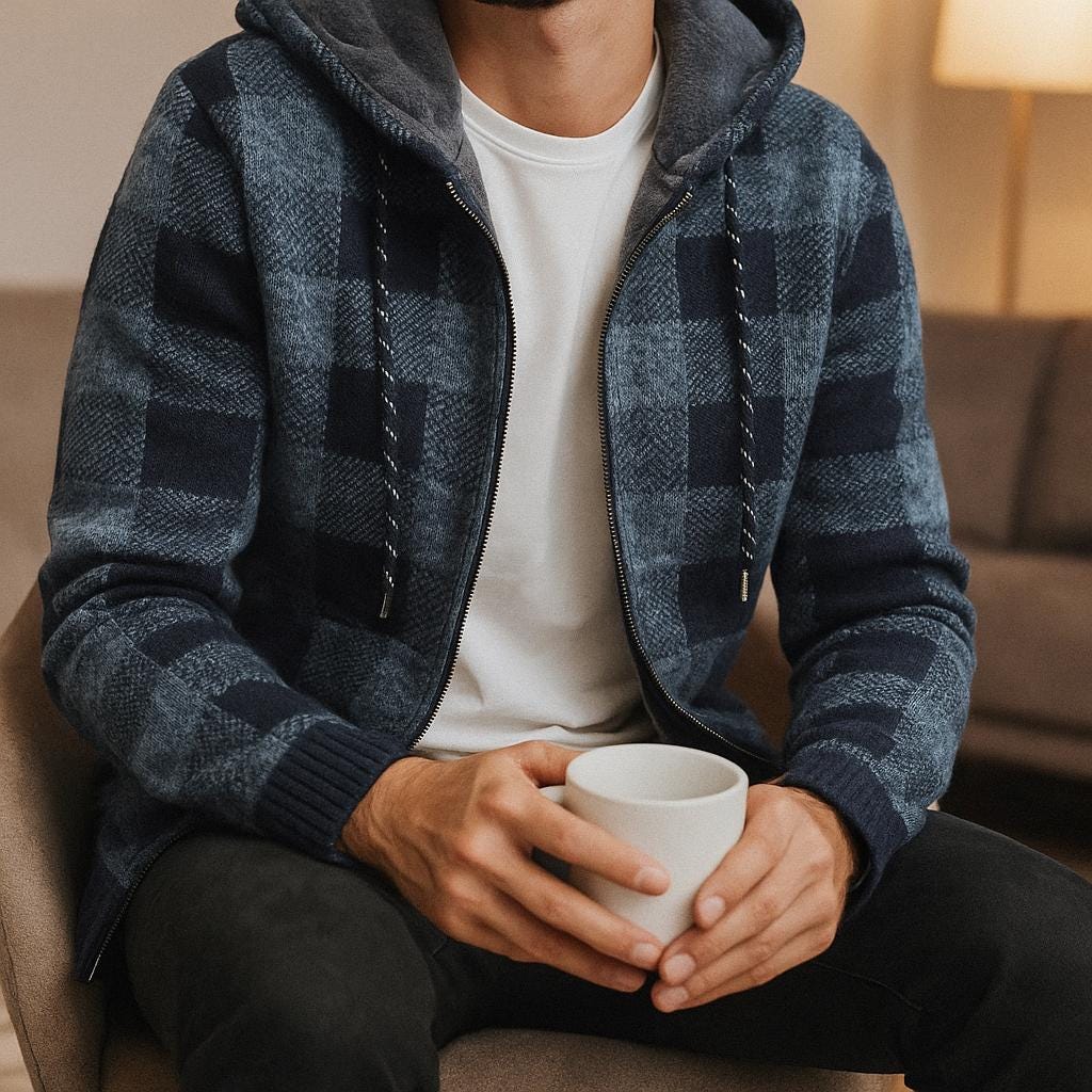 Men's Zip-Up Block Pattern Hooded Jacket - Check Pattern Edition
