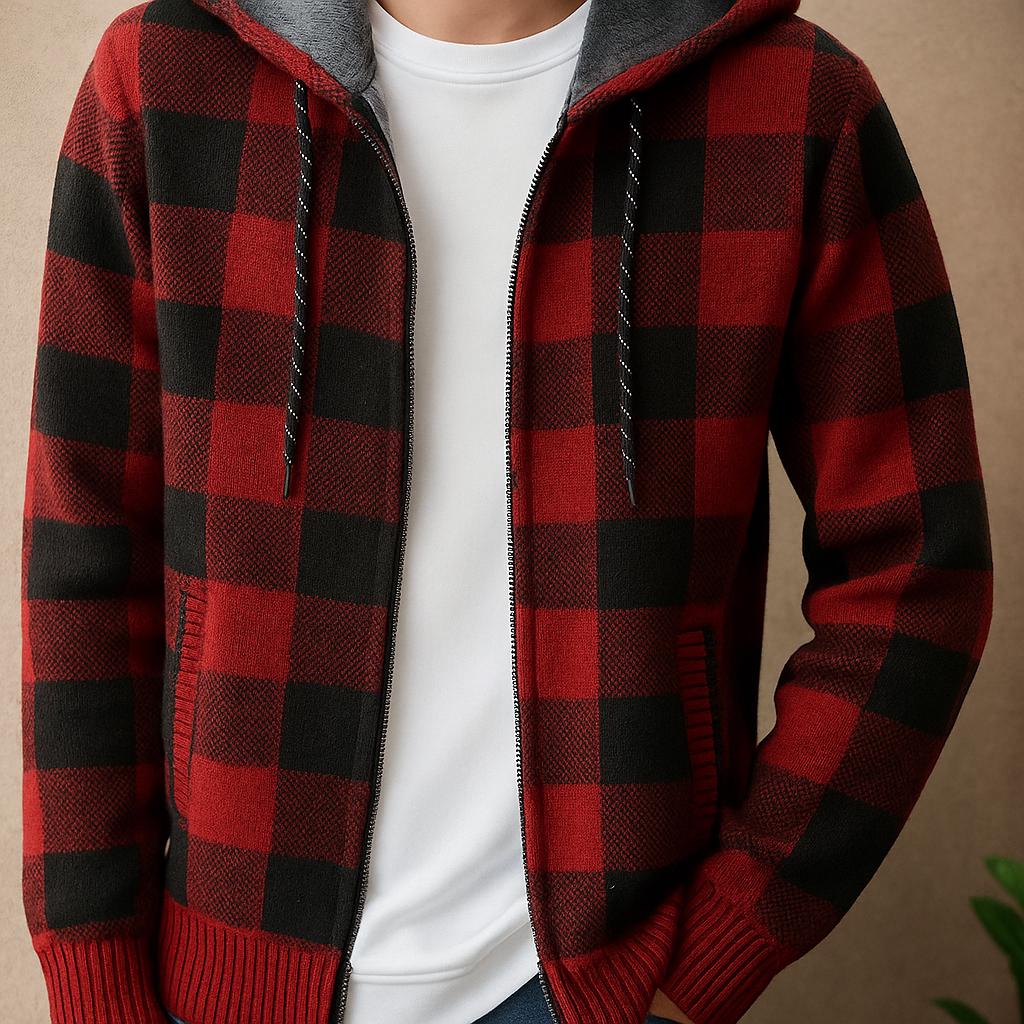 Men's Zip-Up Block Pattern Hooded Jacket - Check Pattern Edition