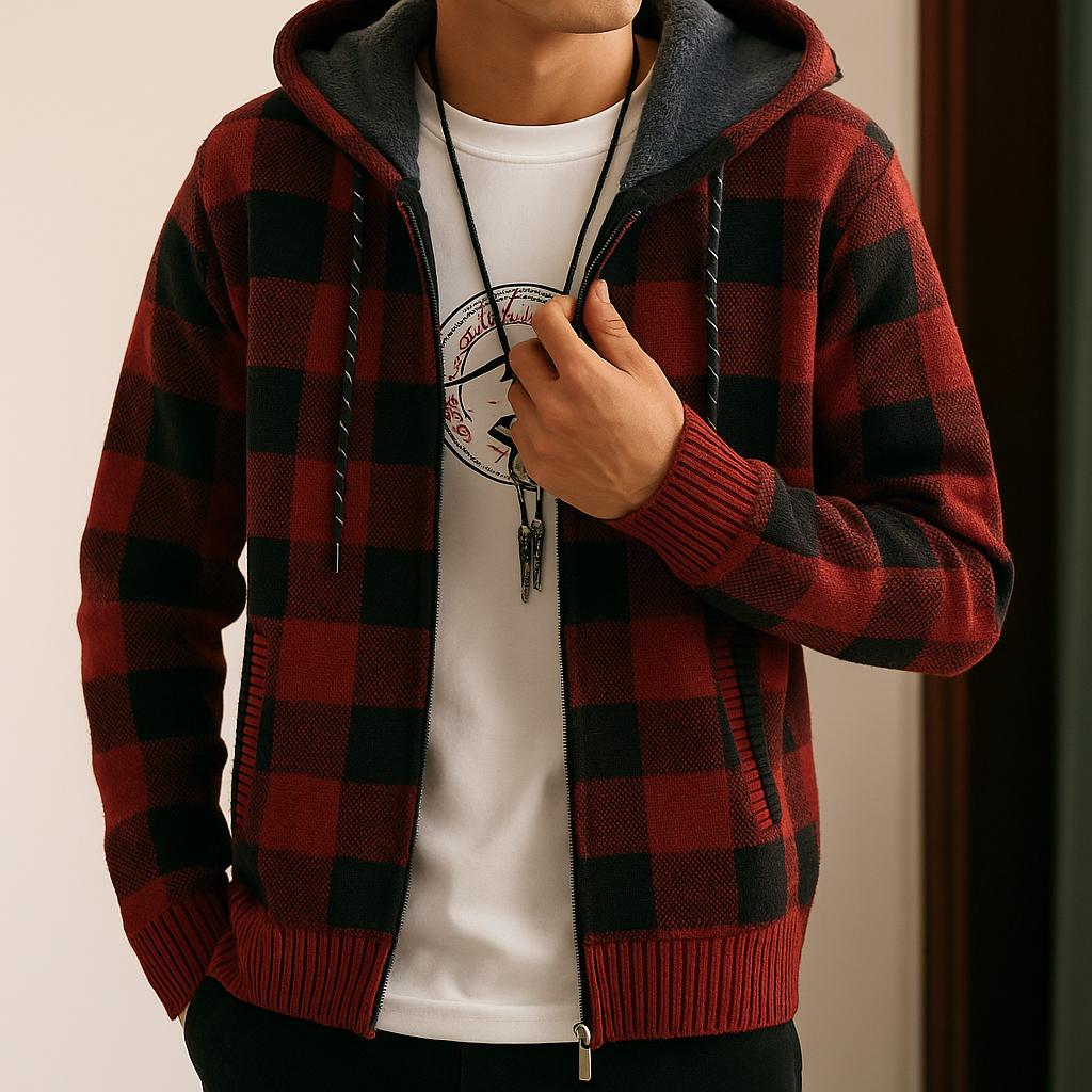 Men's Zip-Up Block Pattern Hooded Jacket - Check Pattern Edition