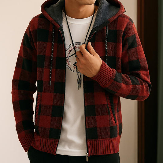 Men's Zip-Up Block Pattern Hooded Jacket - Check Pattern Edition