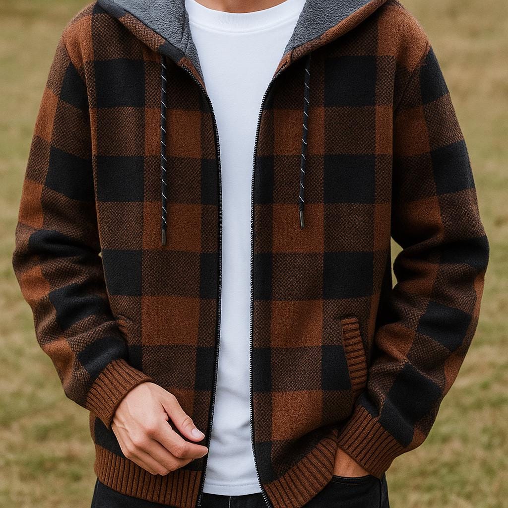 Men's Zip-Up Block Pattern Hooded Jacket - Check Pattern Edition