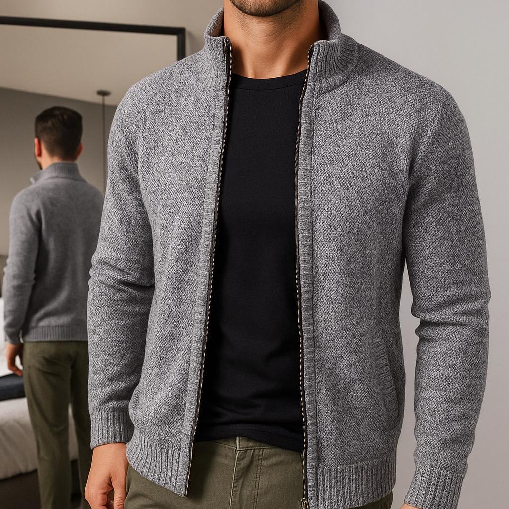 Men's Zip-Up Cardigan - Check Pattern Lined Edition