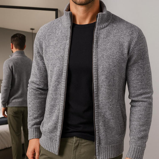 Men's Zip-Up Cardigan - Check Pattern Lined Edition