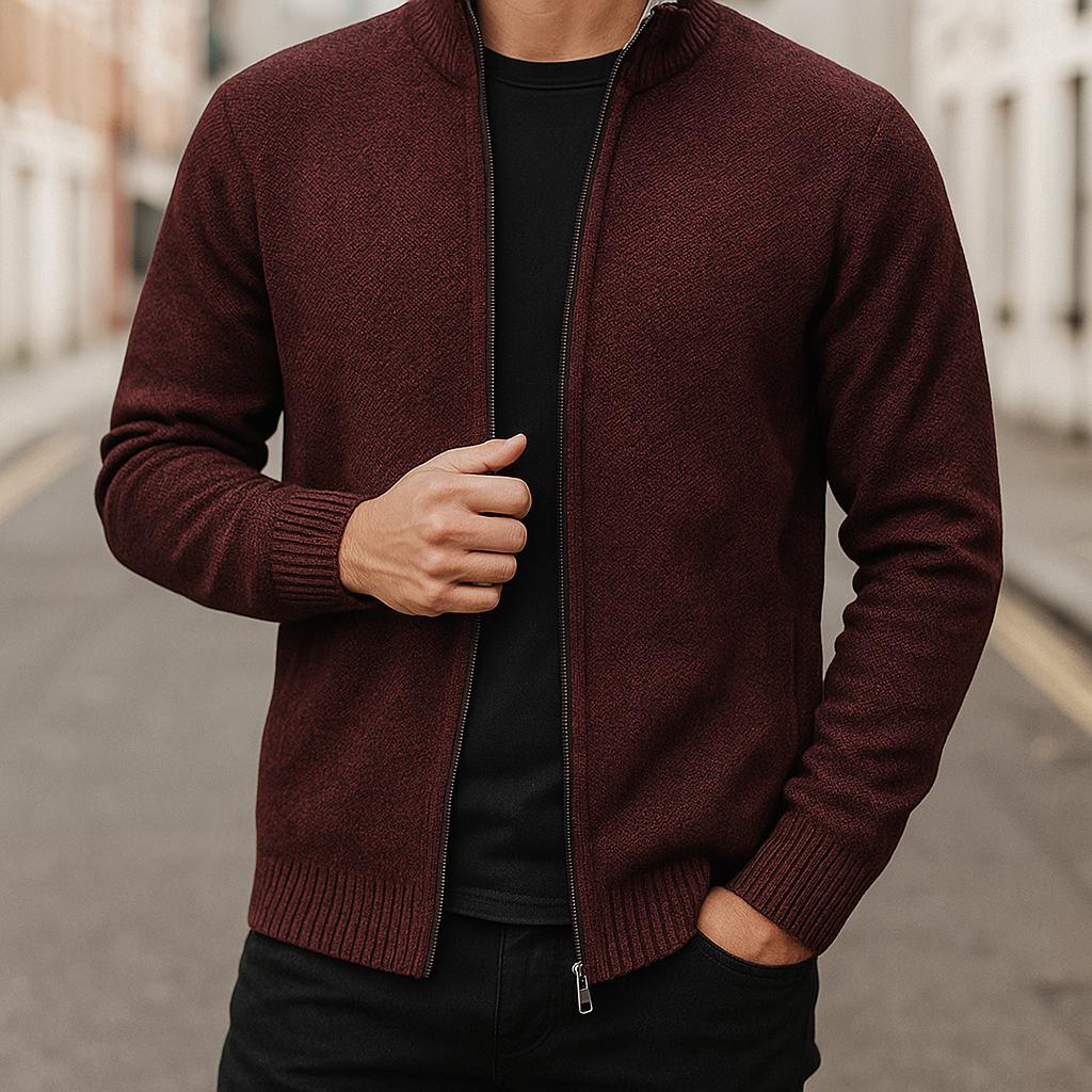 Men's Zip-Up Cardigan - Check Pattern Lined Edition