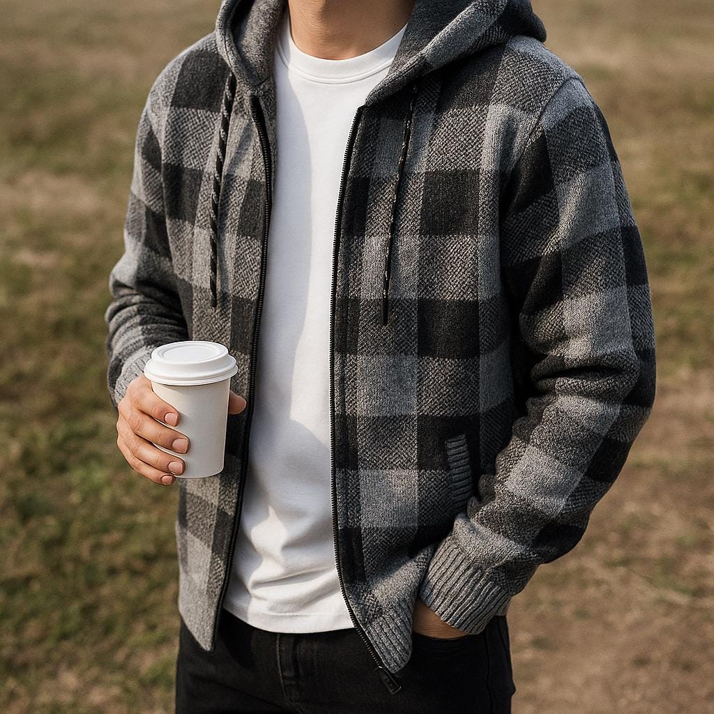 Men's Zip-Up Block Pattern Hooded Jacket - Check Pattern Edition