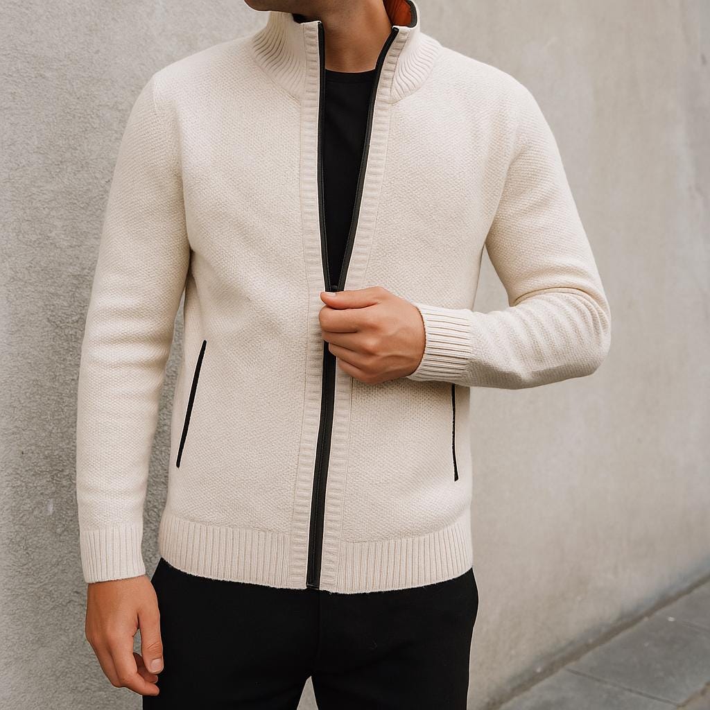 Men's Zip-Up Cardigan - Check Pattern Lined Edition
