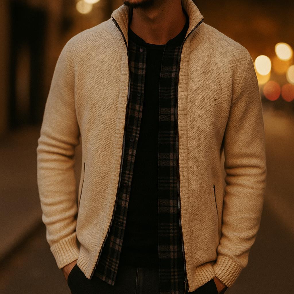 Men's Zip-Up Cardigan - Check Pattern Lined Edition
