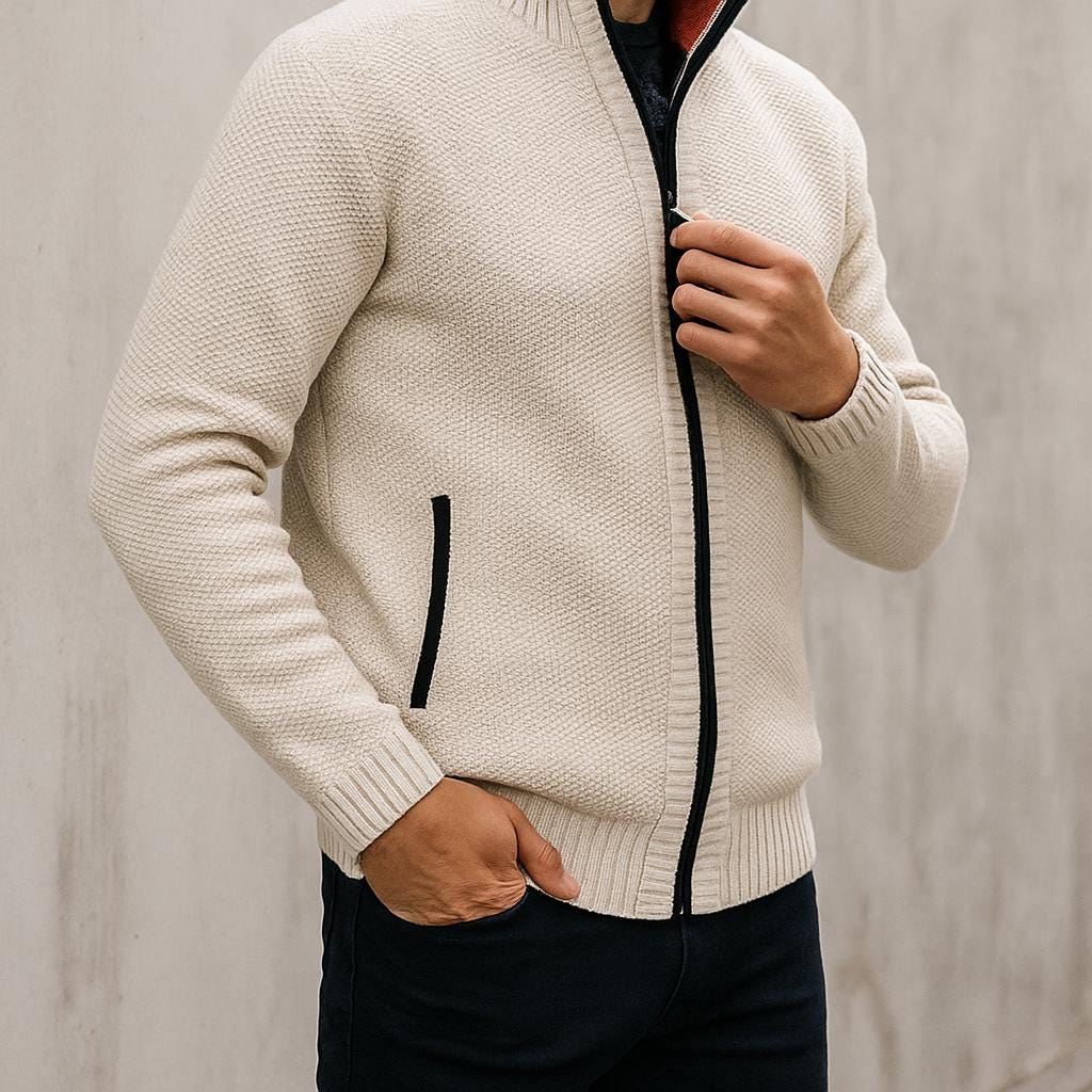 Men's Zip-Up Cardigan - Check Pattern Lined Edition