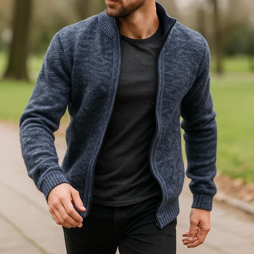 Men's Zip-Up Cardigan - Check Pattern Lined Edition