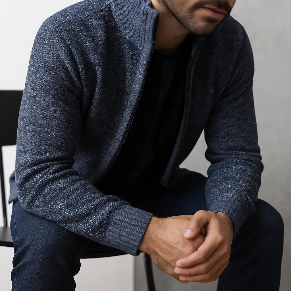 Men's Zip-Up Cardigan - Check Pattern Lined Edition