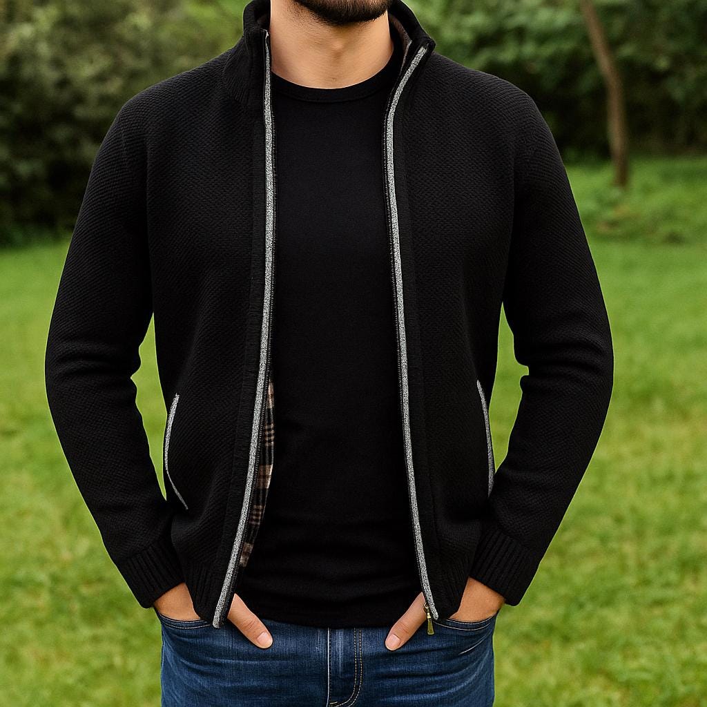 Men's Zip-Up Cardigan - Check Pattern Lined Edition