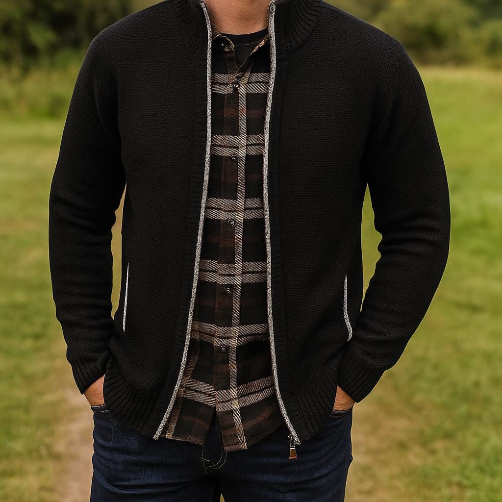 Men's Zip-Up Cardigan - Check Pattern Lined Edition