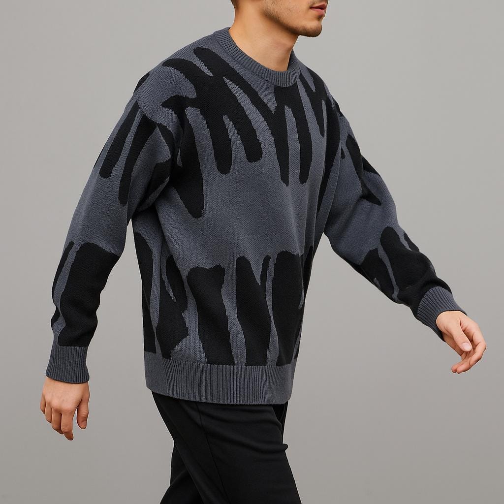 Men's Geometric Pattern Oversized Sweater - Crew Neck Edition