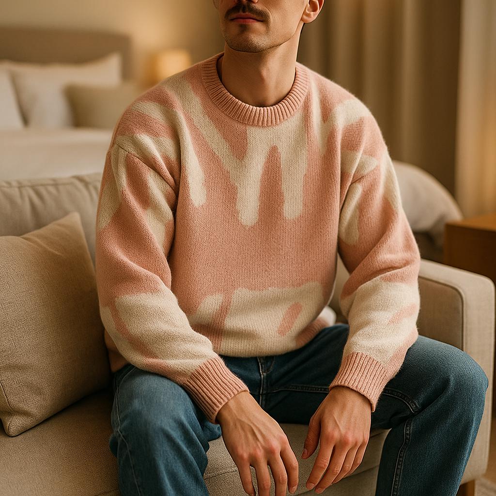 Men's Geometric Pattern Oversized Sweater - Crew Neck Edition