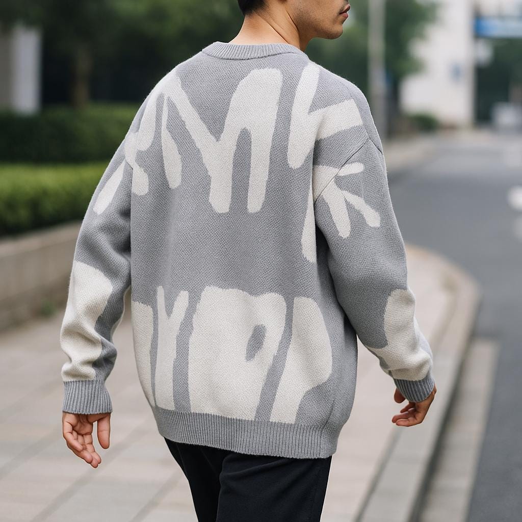Men's Geometric Pattern Oversized Sweater - Crew Neck Edition