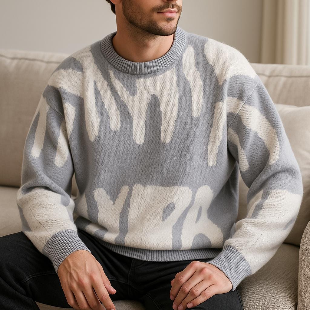 Men's Geometric Pattern Oversized Sweater - Crew Neck Edition
