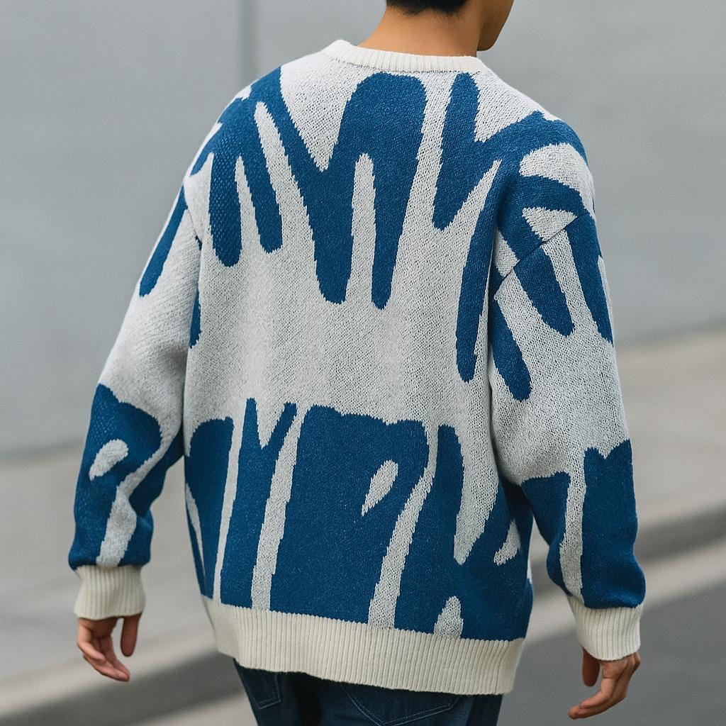 Men's Geometric Pattern Oversized Sweater - Crew Neck Edition
