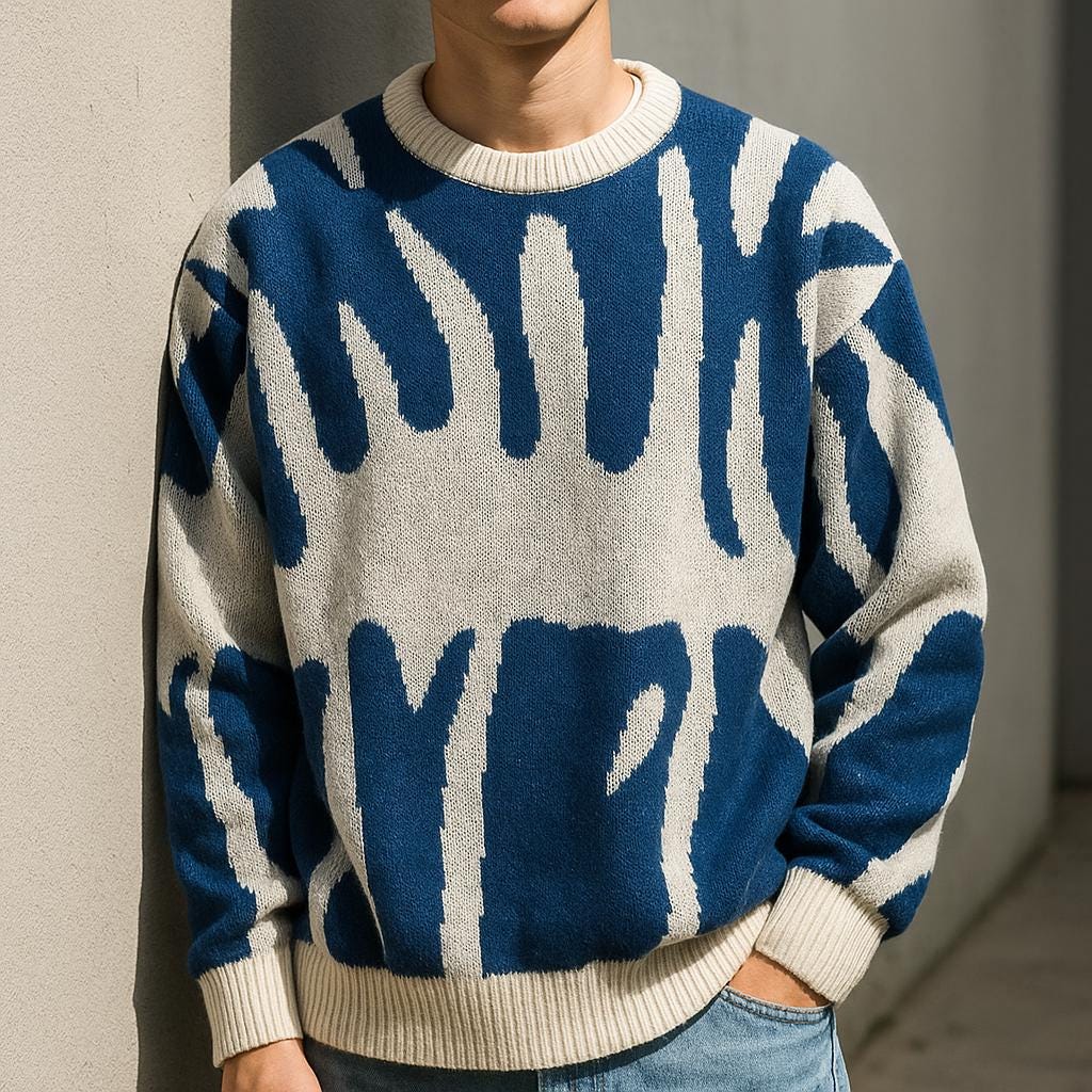 Men's Geometric Pattern Oversized Sweater - Crew Neck Edition