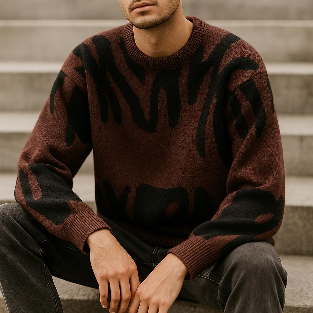 Men's Geometric Pattern Oversized Sweater - Crew Neck Edition