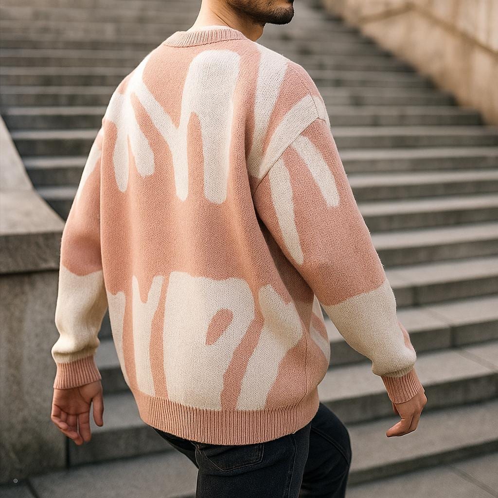 Men's Geometric Pattern Oversized Sweater - Crew Neck Edition