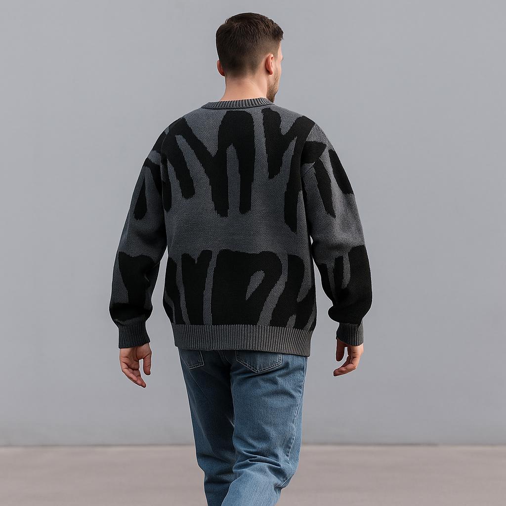Men's Geometric Pattern Oversized Sweater - Crew Neck Edition