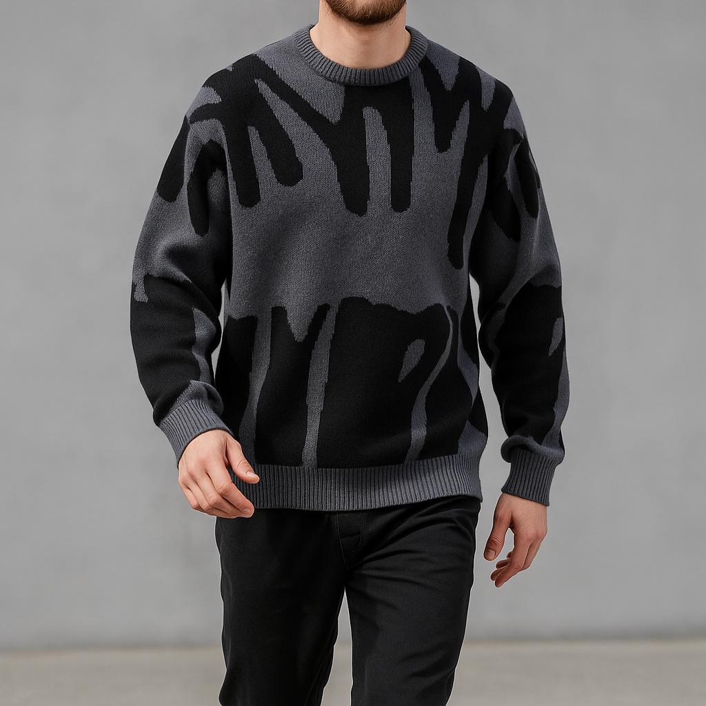 Men's Geometric Pattern Oversized Sweater - Crew Neck Edition