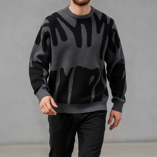 Men's Geometric Pattern Oversized Sweater - Crew Neck Edition