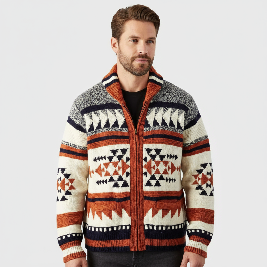 Red Jacquard Zip Cardigan - Statement Knitted Edition for Men
