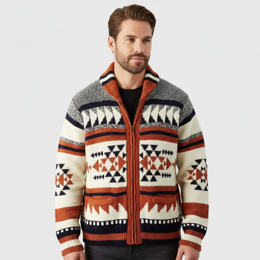 Red Jacquard Zip Cardigan - Statement Knitted Edition for Men