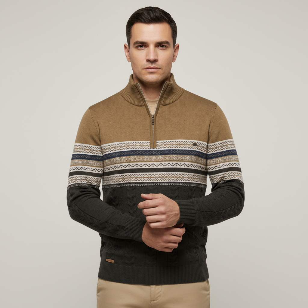 The Chatsworth Men's Quarter Zip Organic Sweater - Fair Isle Knit