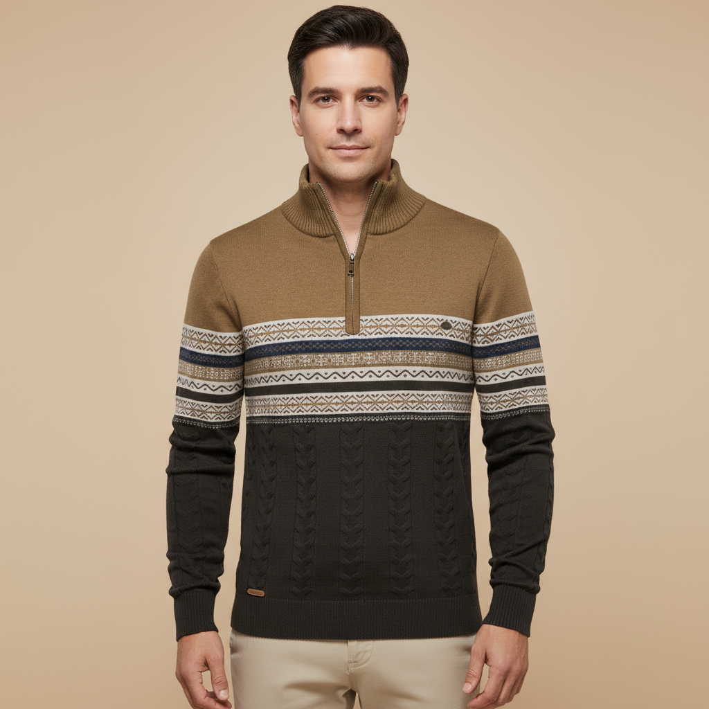 The Chatsworth Men's Quarter Zip Organic Sweater - Fair Isle Knit